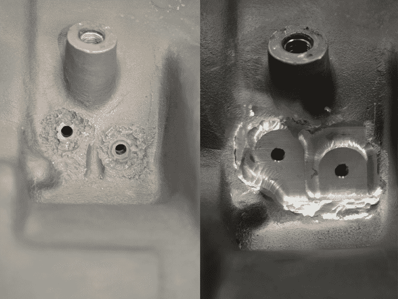 Aircraft housing cold spray repair before and after comparison